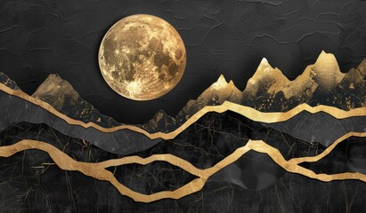 Wall Mural - painting of a luxurious black and gold mountain landscape, stunning visual, scenic