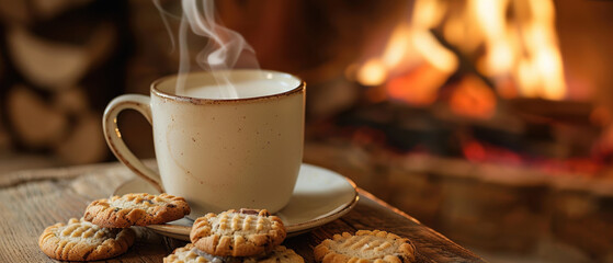 Wall Mural - A cup of coffee and a plate of cookies sit on a wooden table