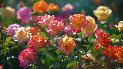 Wall Mural - A colorful array of roses blossoms in the garden displaying exquisite beauty and a delightful fragrance