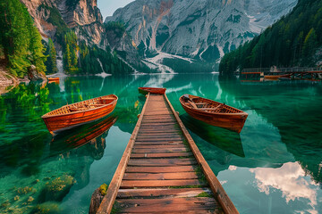 Wall Mural - Beautiful Lake Braies in Dolomites, Italy is depicted with wooden boats and a wooden dock, clear water reflecting the surrounding mountains and forest. A stunning natural landscape of the Italian Alps