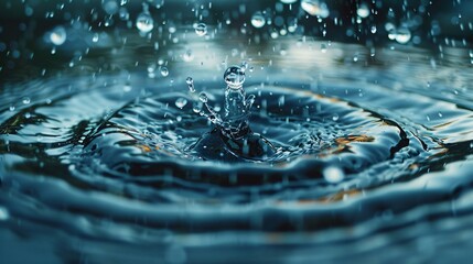 Wall Mural - Water droplet in close-up view with cascading droplets from above and below, showcasing the intricate patterns of liquid motion