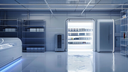 Wall Mural - An industrial refrigerated room with shelves stocked with food products. The room is brightly lit and clean