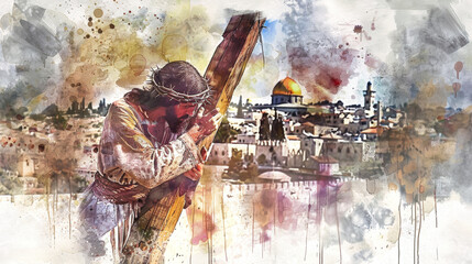Wall Mural - A watercolor painting depicting Jesus carrying the cross on his way to crucifixion, with a view of Jerusalem in the background