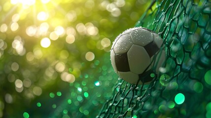 Wall Mural - Soccer ball in the net against a sparkling green bokeh background, symbolizing victory and triumph