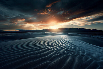 Wall Mural - Photo of white sand dunes in the New Mexico desert at sunset, taken from a low angle, with high contrast in a dark and moody style. Black sand dune ripples can be seen with mountains in the background