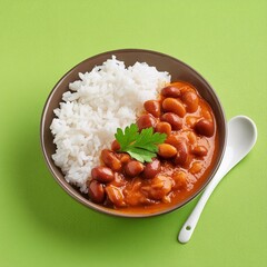 Wall Mural - Indian food spicy kidney beans curry also called as rajma masala curry, rajma chawal or rajmah chawal with rice on green background