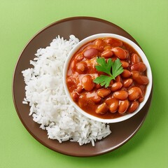 Wall Mural - Indian food spicy kidney beans curry also called as rajma masala curry, rajma chawal or rajmah chawal with rice on green background