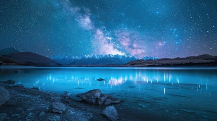 Wall Mural - The pristine, turquoise waters of Lake Tekapo in New Zealand under a starry sky