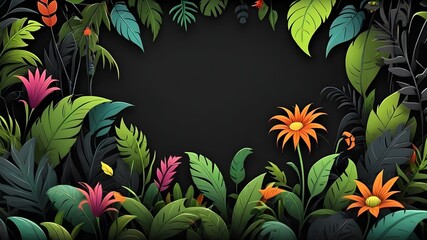 A colorful jungle scene with a variety of flowers and plants. The image is vibrant and full of life, with a sense of adventure and exploration