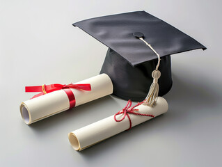 A black cap with a red ribbon sits on top of two white graduation certificates