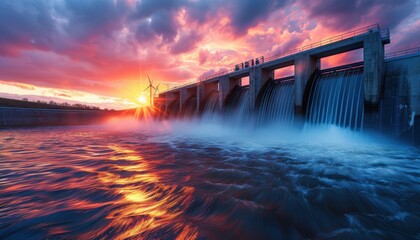 The water flowing over a dam at sunset with vibrant red , orange and yellow colors in the sky and water reflecting the colors.
