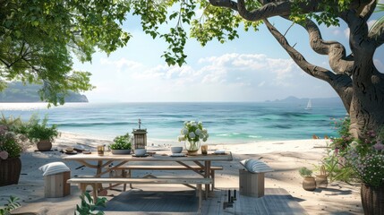 Wall Mural - Al Fresco Dining with Beach Background 