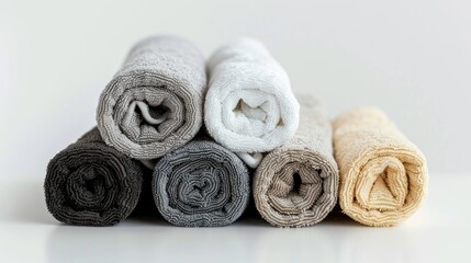 Wall Mural - Soft terry towels rolled gently on a white background for spa or massage