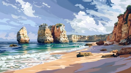 Wall Mural - Deserted shore and rocky cliffs at Marinha Beach