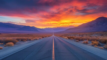 an evocative landscape featuring a straight road under a vivid sunrise, embraced by desert scenery and rugged mountain ranges.