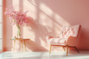 modern interior design with potted plant, armchair and table against peach wall background