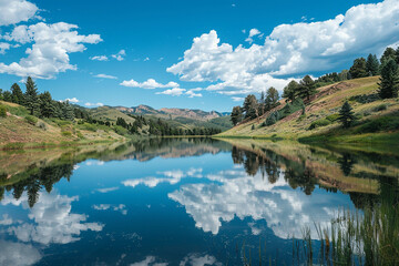 Wall Mural - A lake in Colorado, near the town of Buntitled240857369, pine trees on hillsides, blue sky with clouds, reflections on the water, photo realistic, in the style of Canon EOS R5