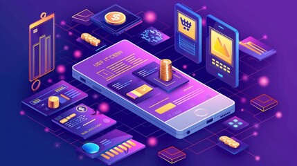 Wall Mural - a colorful image of a cell phone with a shopping app on it