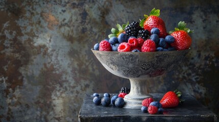 Assortment of fresh berries in a bowl on a stone pedestal against a dark metallic backdrop
