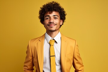 A man in a yellow suit and tie is smiling for the camera