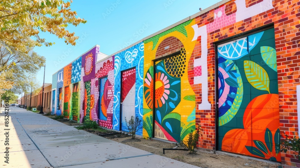 Colorful urban mural on a city wall featuring vibrant patterns and ...