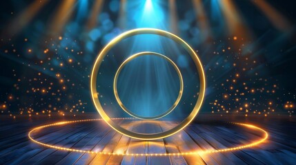 Golden ring circles with lighting effects on a blue stage background, creating a dramatic atmosphere.




