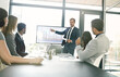 Man, manager and presentation in office for business meeting, discussion for company performance. Male leader, computer tech or pitch in conference room, list charts or graphs for international sales