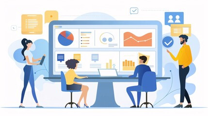 Wall Mural - a group of people are working on a computer monitor with a lot of graphs