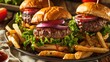 © AkuAku - Beef sliders topped with onions tomatoes lettuce and a side of French fries served on a plate with a napkin on a wooden table