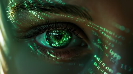 A close-up of a human eye with glowing green digital code and text reflections on the eye and surrounding area, symbolizing technology and cybersecurity.