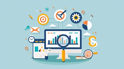 Wall Mural - a computer monitor with a magnifying glass on it and a bunch of icons