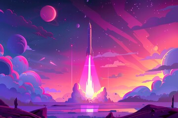 Wall Mural - dreamy cosmic rocket launch in vibrant fantasy landscape