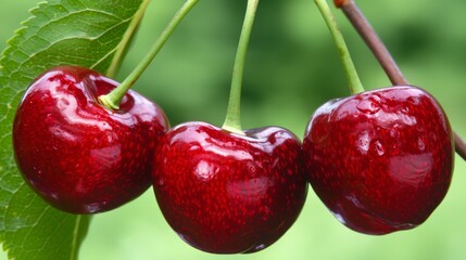 Wall Mural - Fresh ripe cherries hanging on a branch