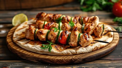 Wall Mural - Chicken shish kebab served on lavash bread with fresh cucumber and tomato on a wooden table from a side perspective