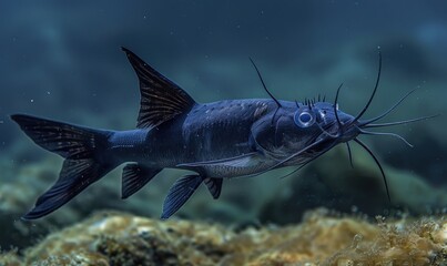A black fish with a blue eye is swimming in the water