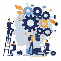 
Flat illustration of business people working together on an AI machine learning project, building and maintaining gear in the shape of head brain mind concept vector Illustration with flat background