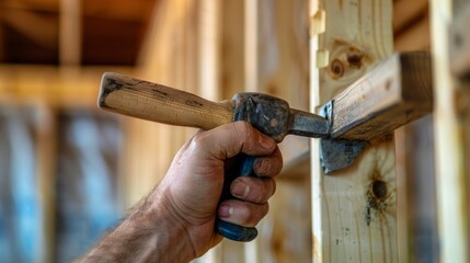 Skilled Carpenter Building Shelves in a Modern Store with Hammer in Hand