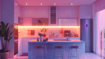 Canvas Print - Kitchen island in modern luxurious kitchen interior, neon light