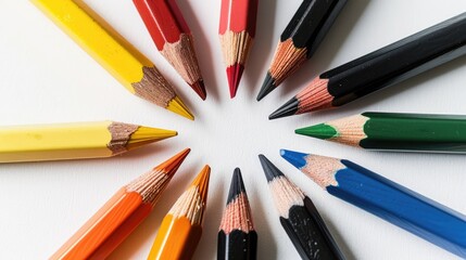 Wall Mural - Nine colored pencil crayons arranged in a circle pointing at a central point on a white backdrop