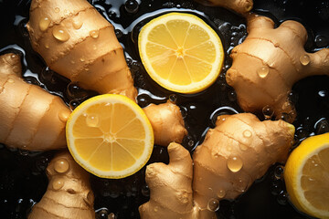 Poster - Fresh ginger and lime with water drops