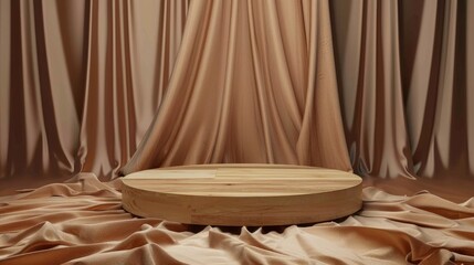 Wall Mural - Wooden podium on brown silk fabric with empty product display scene