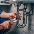 © jabireffacts - A male plumber's hand repairing a leaking sink pipe with an adjustable wrench