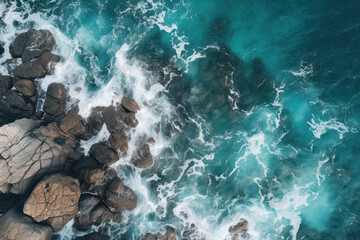 aerial view of the ocean with rocks in the foreground