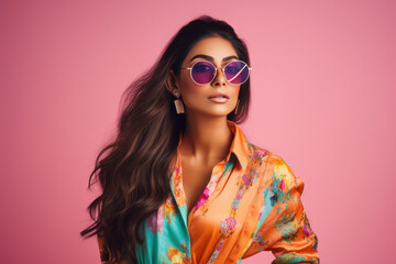 Wall Mural - young indian stylish woman wearing colorful clothes and sunglasses