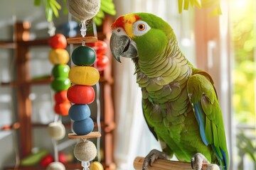 closeup adorable playful green parrot is perched on a wooden perch