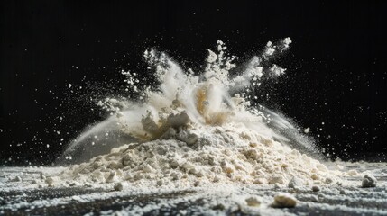 explosion splash of powdered flour or flour powder with freezing isolated on background, pile of ground dust powder splash, broken flour seeds black background