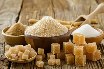 Assorted organic brown and white sugar cubes and crystals in wooden bowls