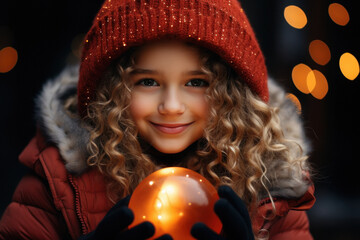 Wall Mural - cute little girl holding Christmas light