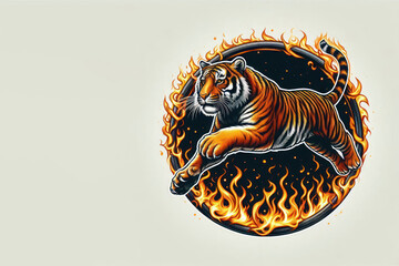 A jumping tiger in a ring of fire. Space for text.