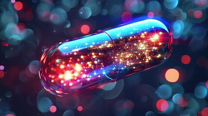 Video footage of 3D render of colorful glowing capsule pill on dark background